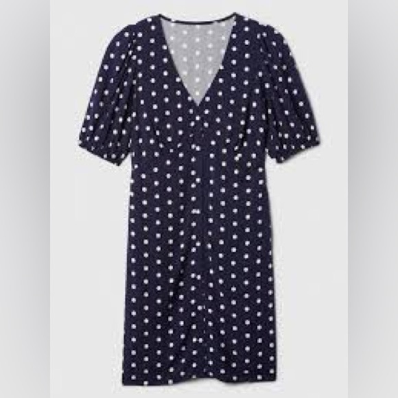 GAP Navy Polka Dot Puff Sleeve Dress XL | Button Front Retro Vibes - Picture 1 of 10